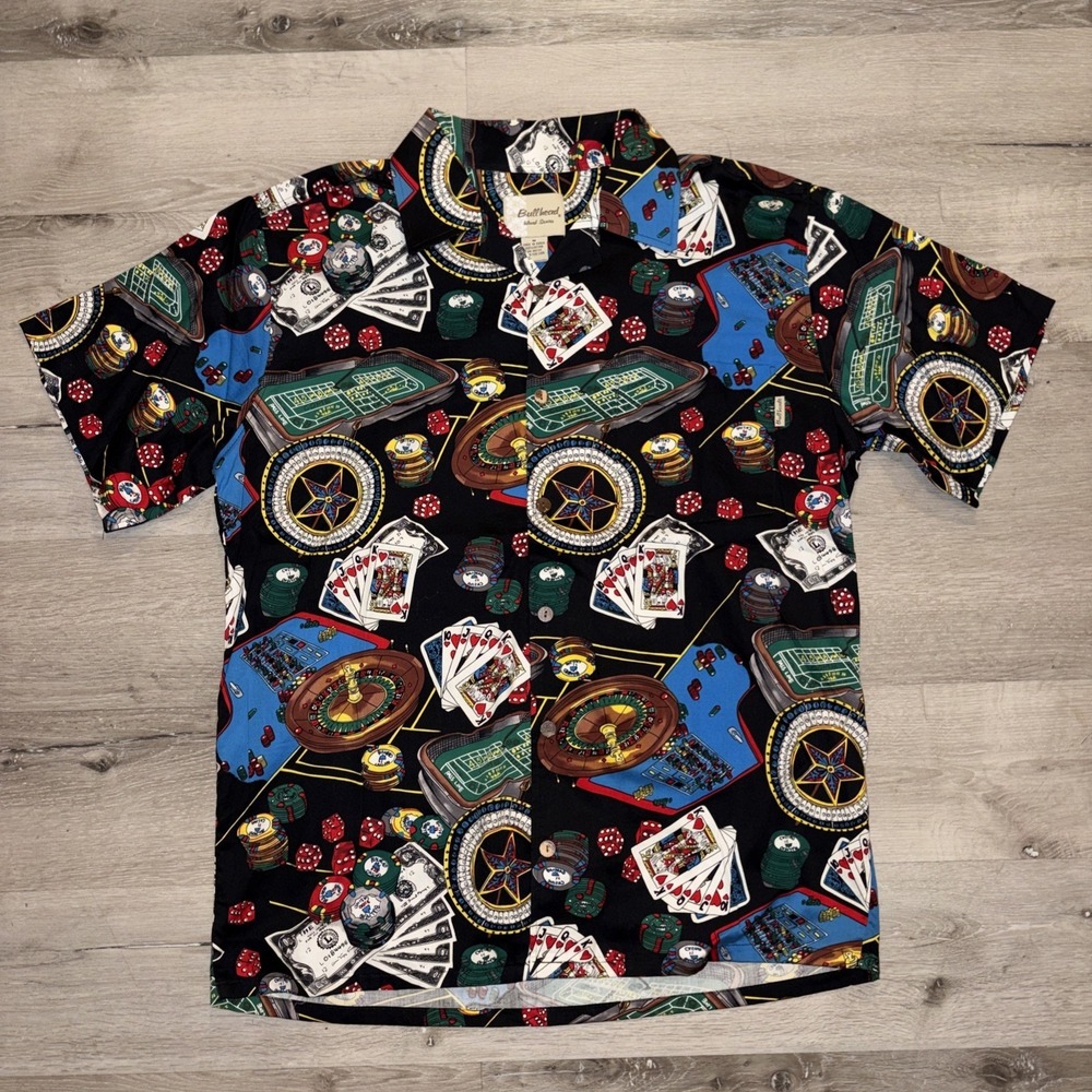 Bullhead Island Series Casino Poker Cards AOP Button Down Shirt Men Medium Black